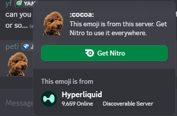 Real Discord screenshot: the :cocoa: emoji popup confirming it is from the Hyperliquid server